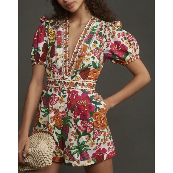 Farm Rio Pants - FARM Rio Flowerful Sketch Floral Belted Romper Pink Multicolor Size S Pockets